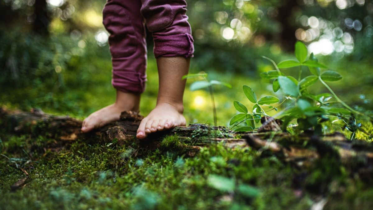 barefoot child standing on a moss covered log