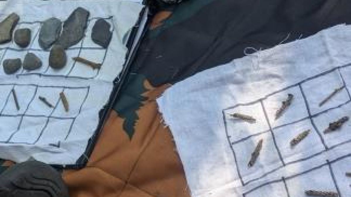 sticks and rocks sorted on cloth