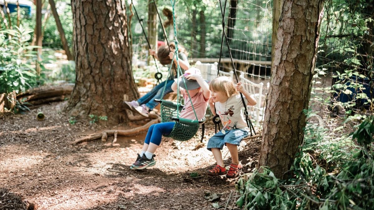 children on play equipment in the woods