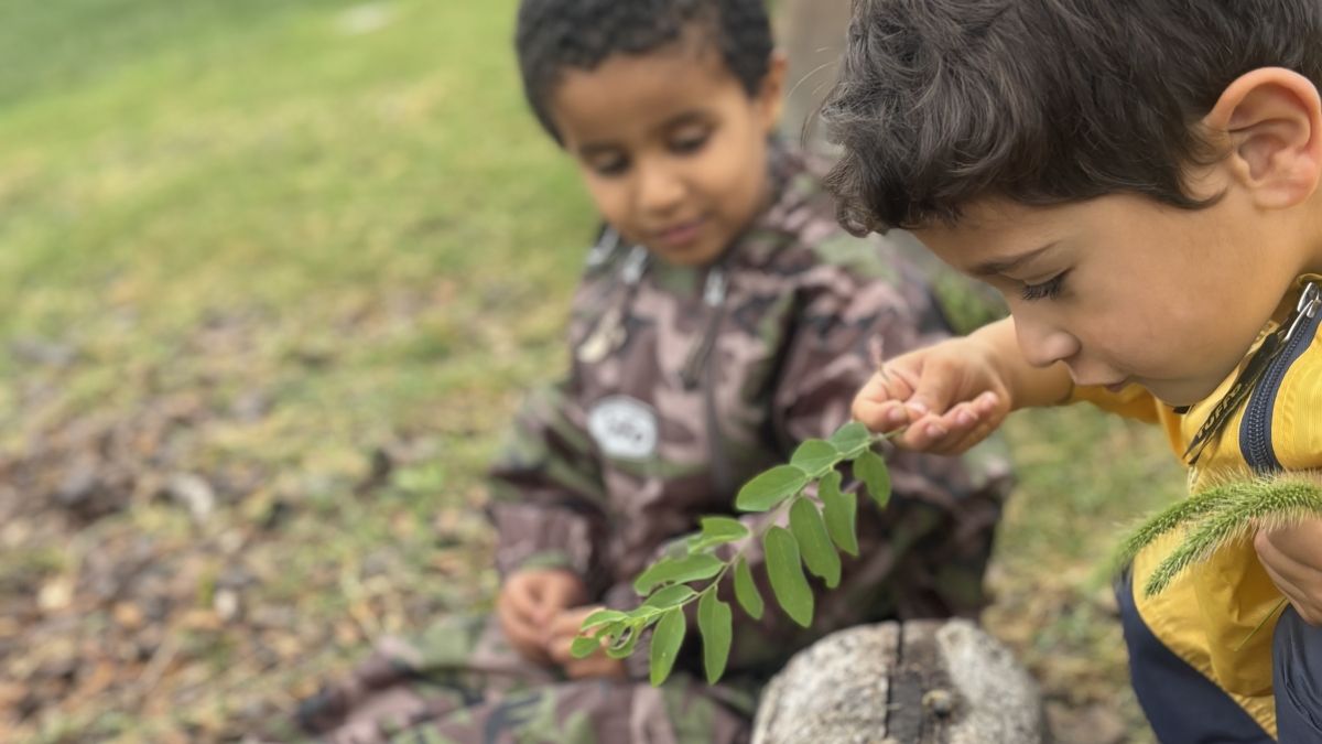 children playing with natural materials outdoors