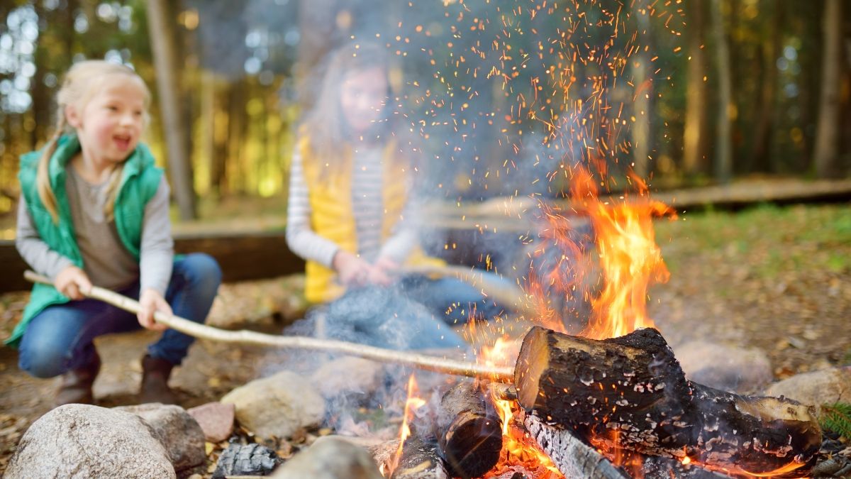 young sisters roasting hotdogs on sticks at bonfire