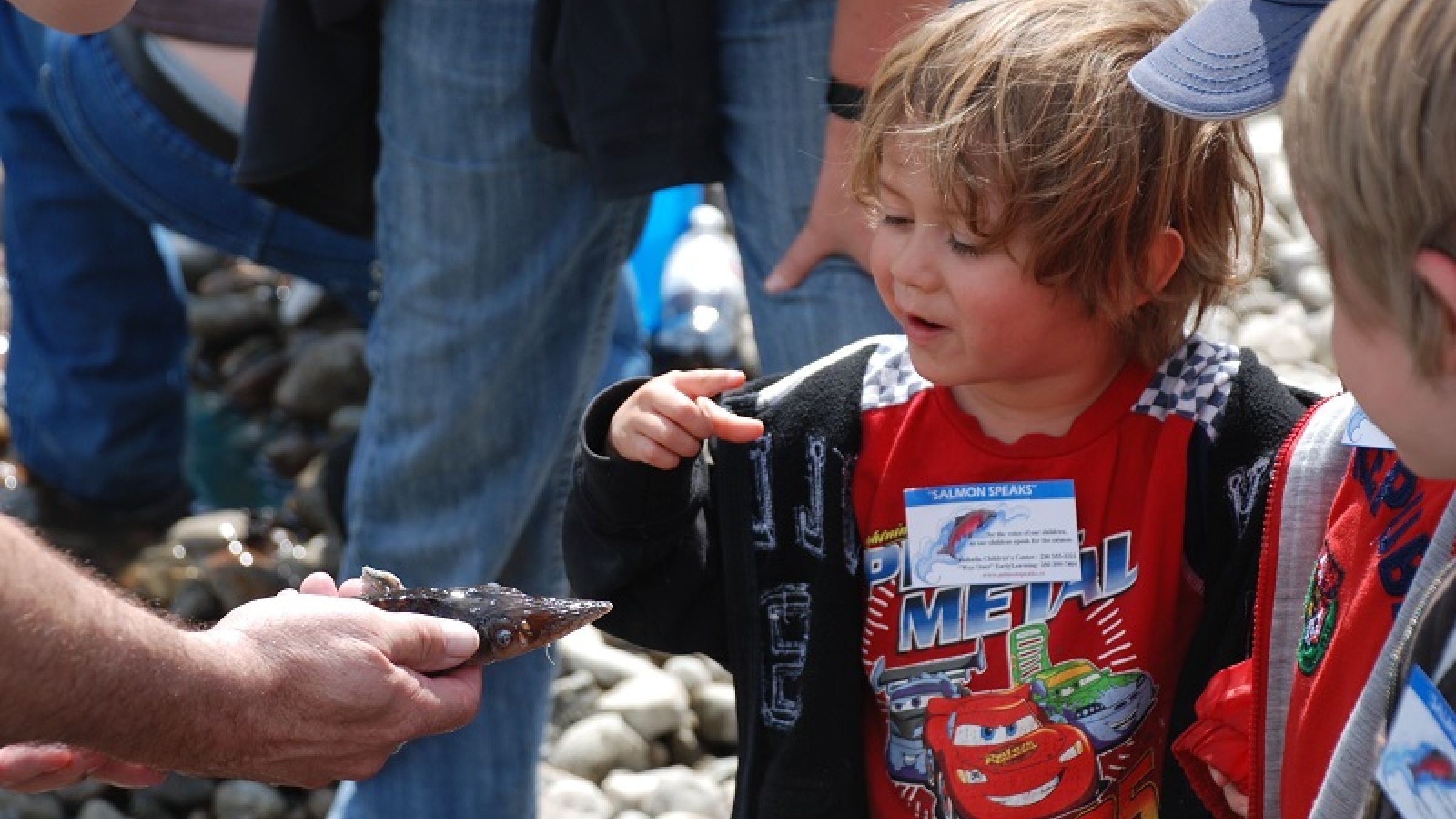 young child looking at a salmon on rocky shore