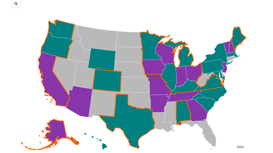 State map of the United States. States are colored in teal, purple, or gray to reflect participation in advocacy and networks. An orange line outlines state regional networks