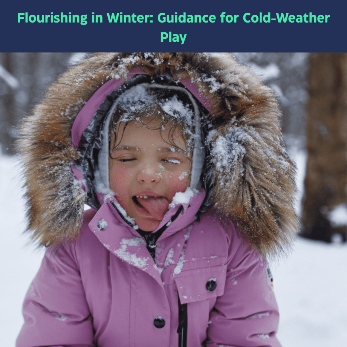 child in snow gear sticking tongue out to catch snowflakes