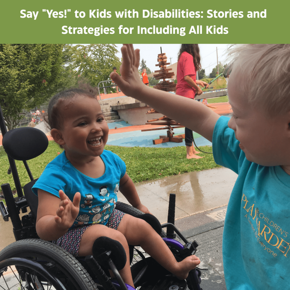 two children with visible disabilities high-fiving