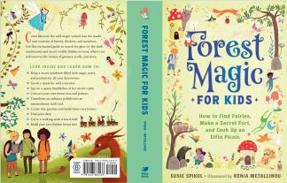 The title Forest Magic for Kids framed with charming, whimsical illustrations including little fairies, gnomes, owls, moles, and mushrooms.