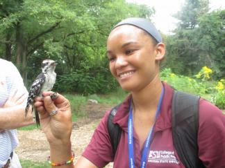 Cindy participates in bird banding at the Nature-Based Preschool Conference.