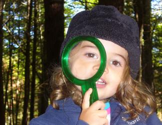 Wild Roots students explore with magnifying glasses and other tools.