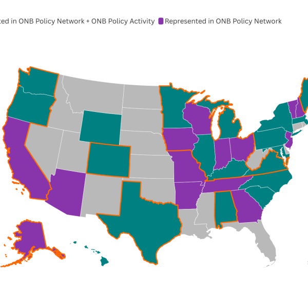 State map of the United States. States are colored in teal, purple, or gray to reflect participation in advocacy and networks. An orange line outlines state regional networks