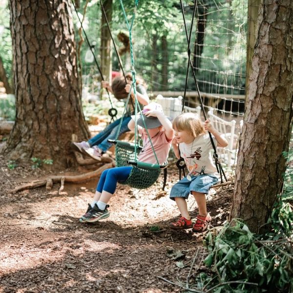 children playing on play structure in the woods. 