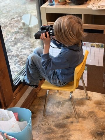 A child observing birds with binoculars.
