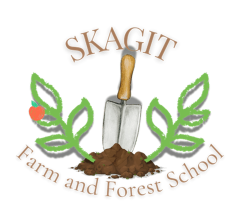 Logo - Skagit Farm and Forest School - Trowel in the soil with plants sprouting on each side.