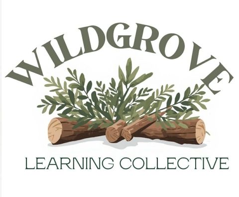 Logo for Wildgrove Learning Collective. Text "WILDGROVE" in an arch above an image of a stack of logs with green leafy branches sticking out of the top. Text "LEARNING COLLECTIVE" underneath the image.