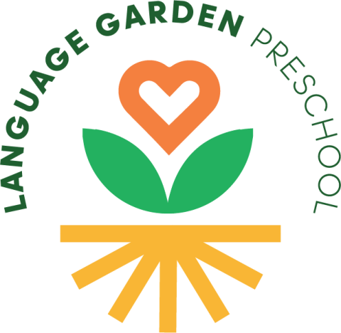 a flower or heart blooming from leaves with roots below.  the roots could also be sun rays.  The words Language Garden Preschool wrap the image.  