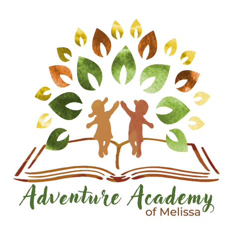 The Adventure Academy of Melissa logo features an open book with two children surrounded by colorful leaves, symbolizing learning, growth, exploration, and a strong connection with nature.
