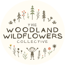Logo of WWC with the words "The Woodland Wildflowers Collective", a drawn child raising arms, trees, and wildflowers